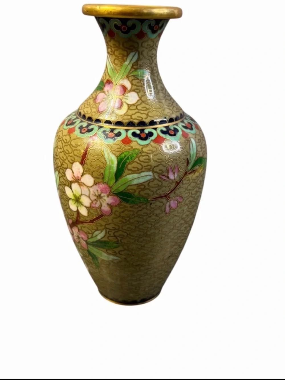 VINTAGE CLOISONNÉ CHERRY BLOSSOM VASE – 6” ENAMEL BRASS DECOR CLOISONNE